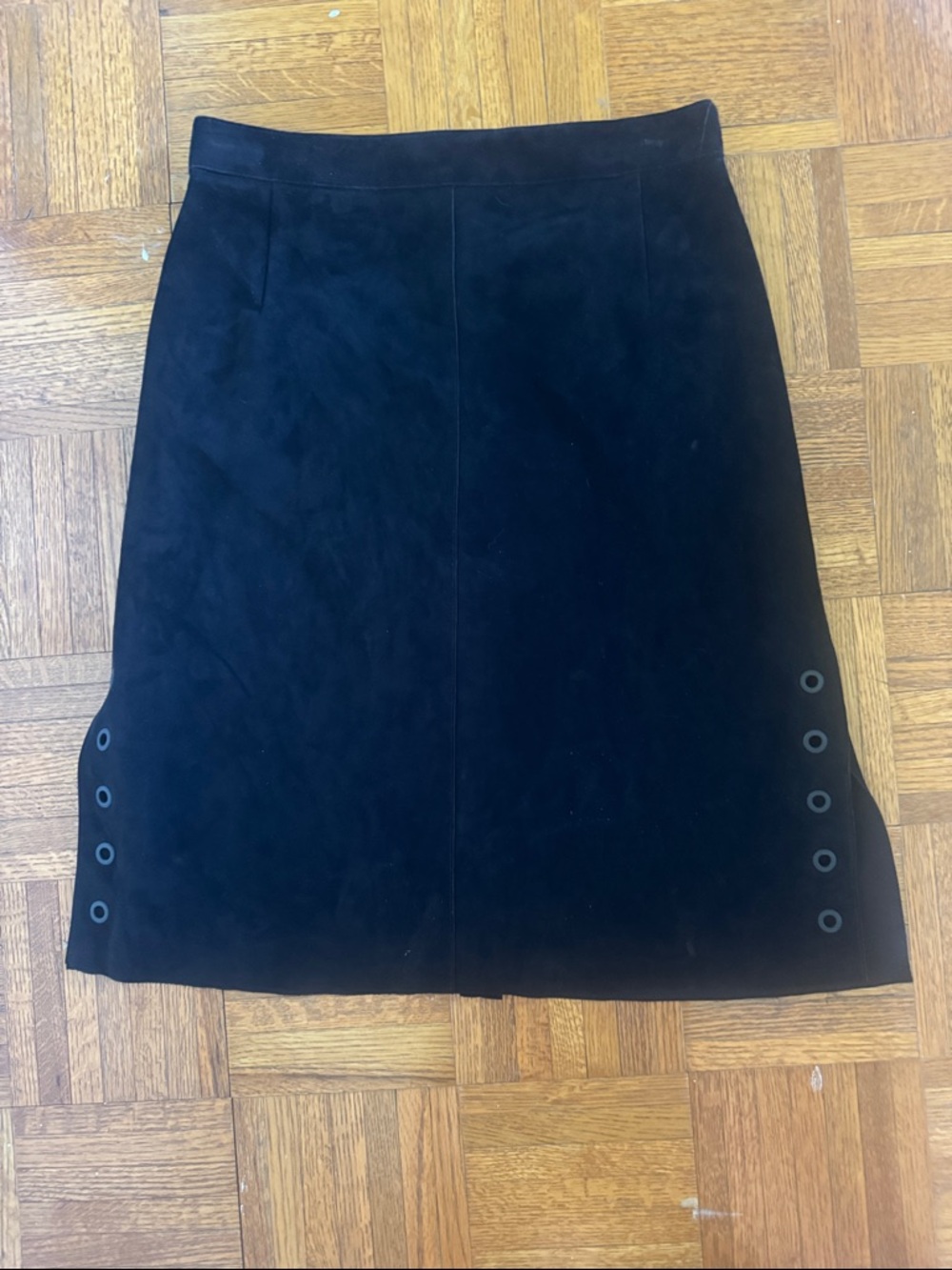 NWT Akris Punto Black 100% lamb Suede A-Line Skirt with Grommet Details